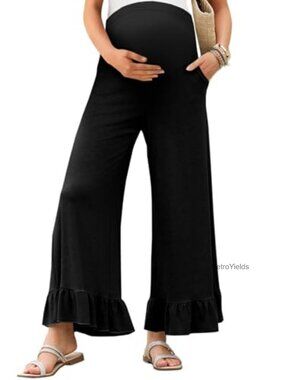 Womens Maternity Ruffle Lounge Wide Leg Trousers Pregnancy Pants